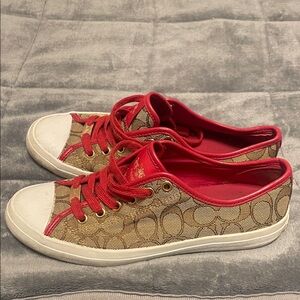 Coach Tan Signature Canvas Sneakers with Red Accents